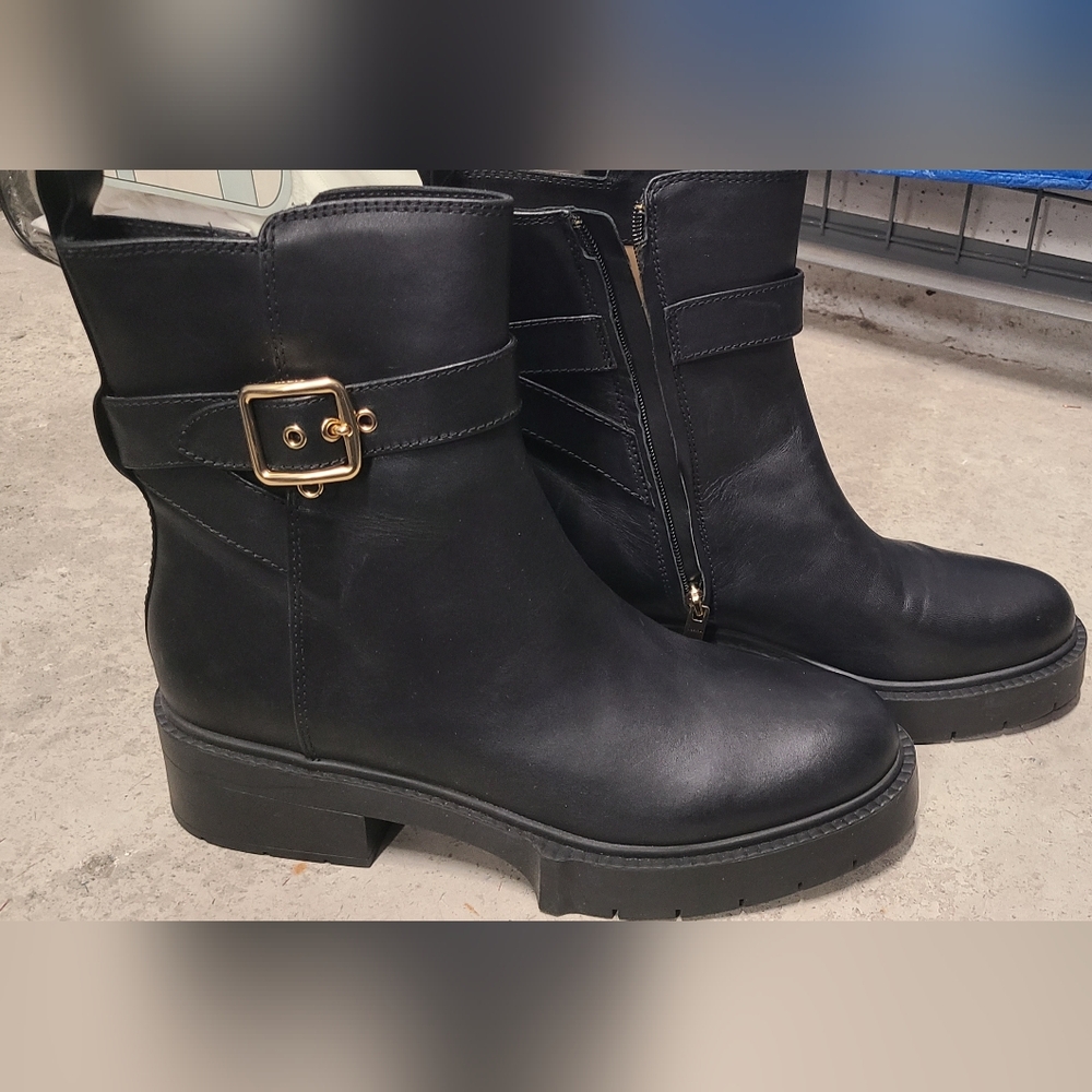 Coach Black Moto Boots with Gold Buckle